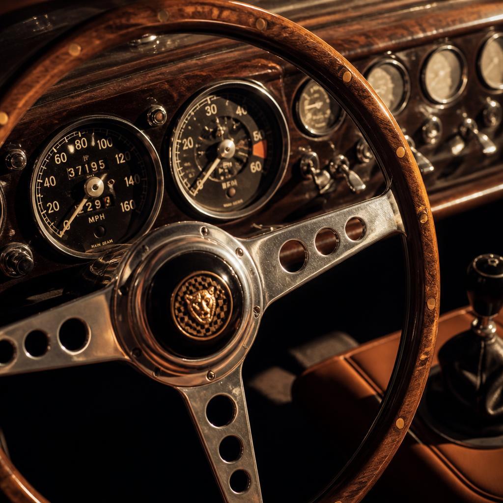 Cockpit eines klassischen Jaguar mit Holzlenkrad und originalen Instrumenten