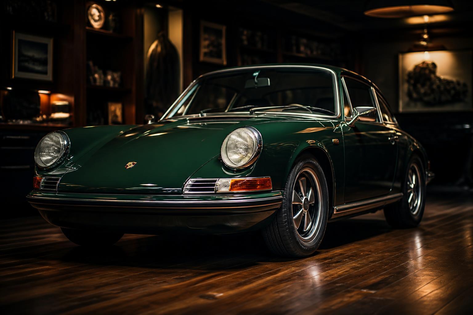 Klassischer Porsche 911 in tiefem British Racing Green in einer privaten Garage